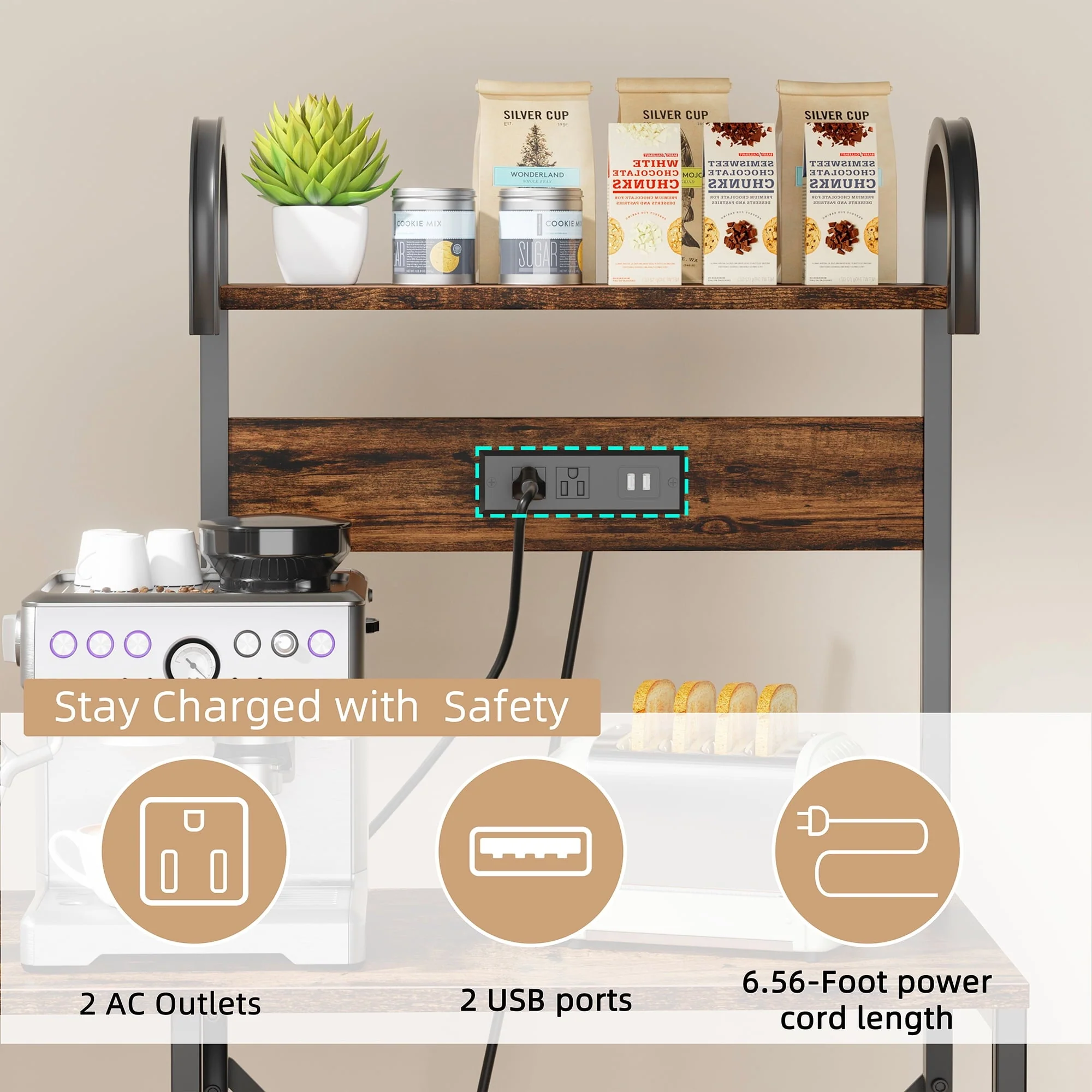 Walsunny Kitchen Bakers Rack with Power Outlet,Industrial Kitchen Island Storage Shelf with 6 Hooks 6 Tier Rack(no power Outlet/Gray)