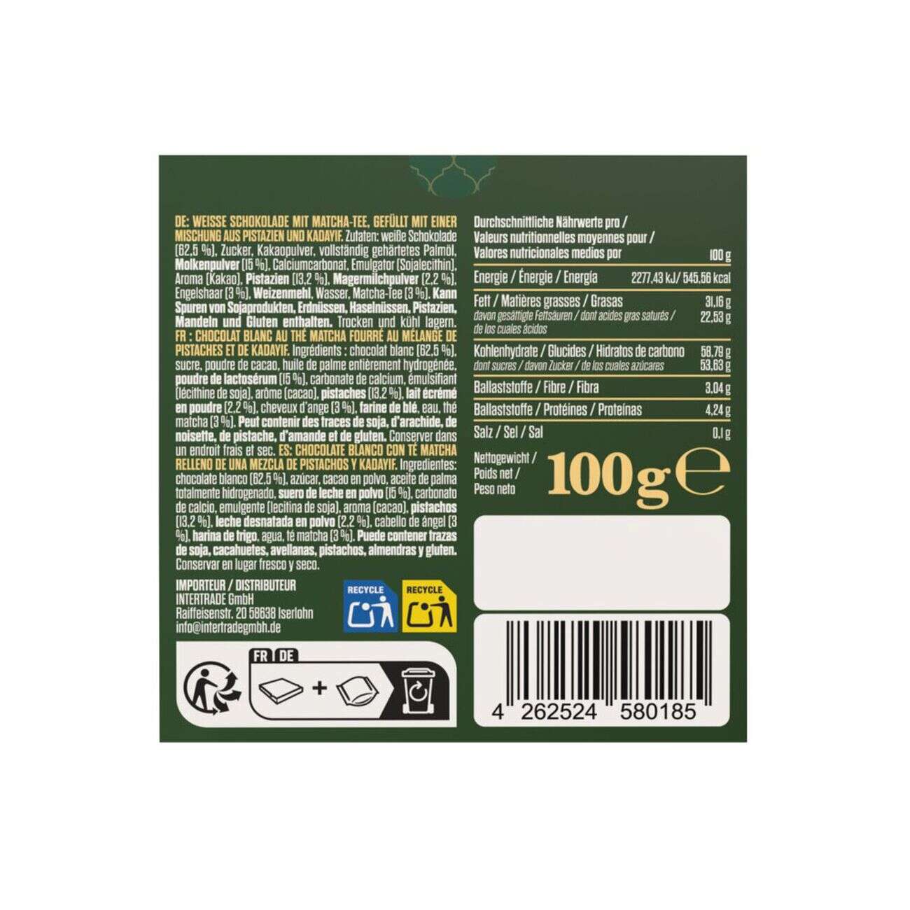 Tablette de chocolat blanc matcha Dubaï 100g