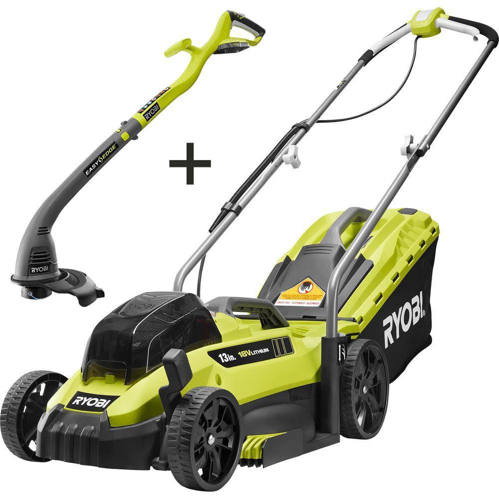 Ryobi One+ 18V 13 in. Cordless Battery Walk Behind Push Lawn Mower & String Trimmer with 4.0 Ah Battery and Charger