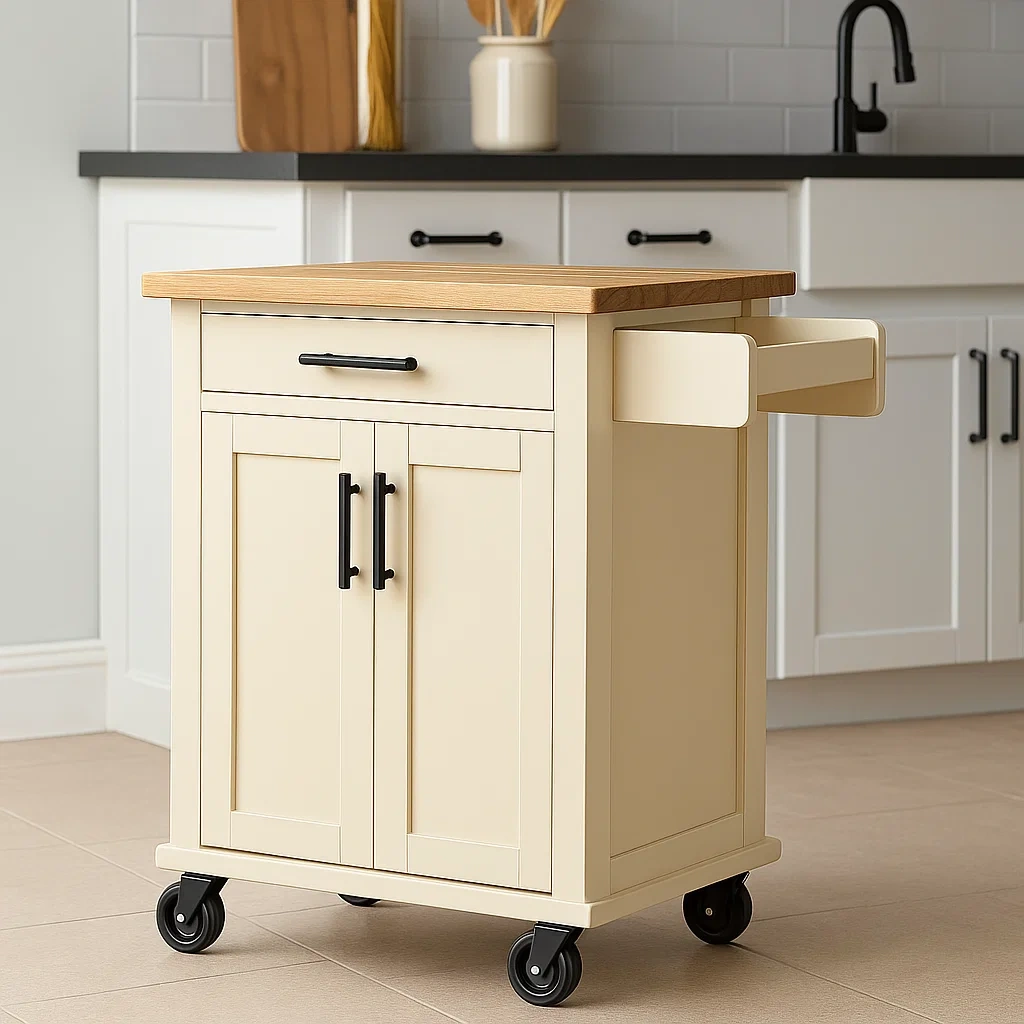 Kkken, kompakt, rektangulr, lavet af MDF, cremefarvet, med trbordplade, skuffe, dre, hjul og hndkldetrrer, ml 67 cm lang, 45 cm bred, 88 cm hj, til almindeligt kkken - yxs0dM3mYkkk