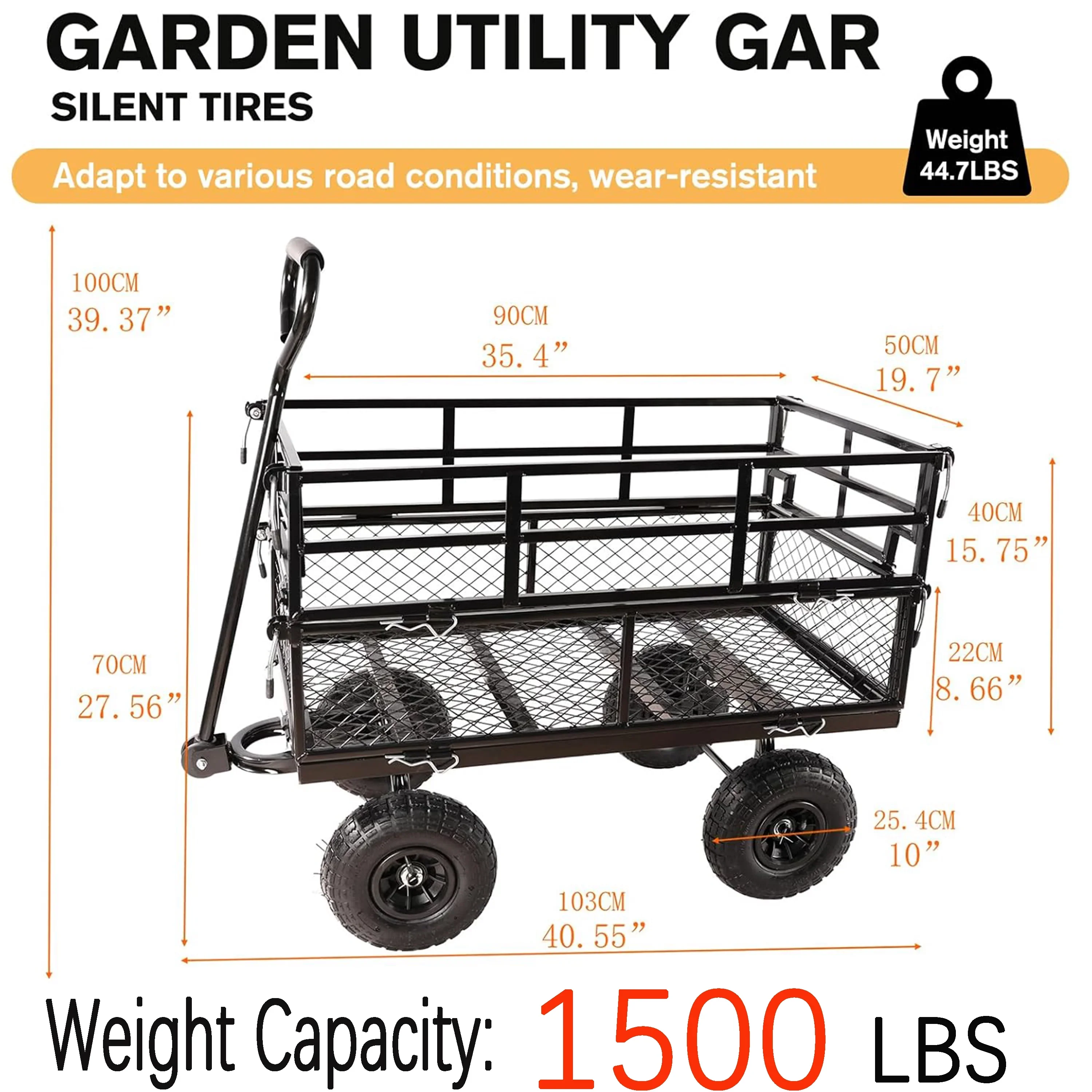 Furnibear Heavy Duty Steel Garden Cart 1500lbs Capacity, 6.35 cu ft, 40.55 x 27.56 Folding Utility Wagon with Double-Layer Removable Side, Black