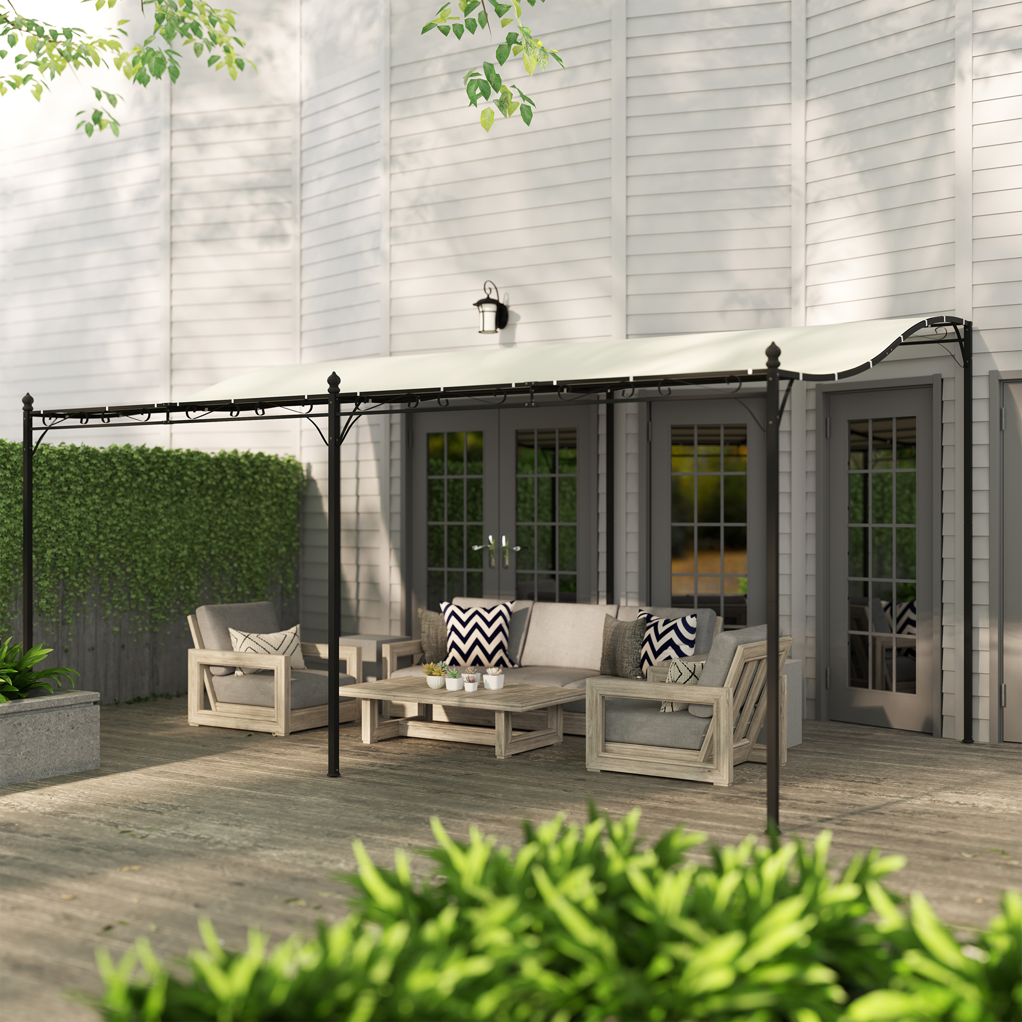 Outsunny 3 x 5 m Pergola, Flexibel Tuindak met Waterdichte Zeil en Metalen Frame, Schaduwplek, Crèmewit