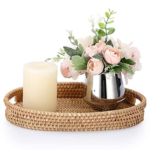 Hipiwe Basket Serving Tray With Handle Handwoven Rattan Wicker Basket Tray Organizer Fruit Bread Food Serving Baskets Home Decor Ottoman Trays
