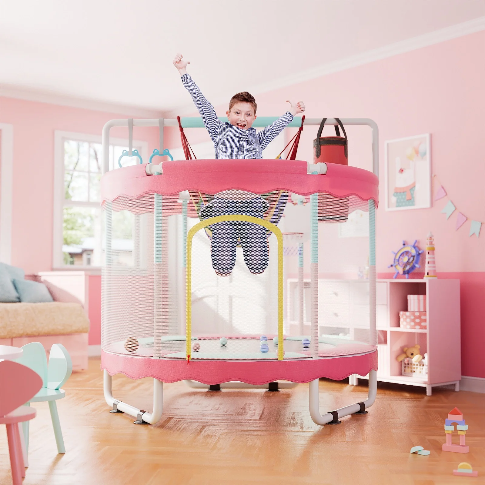 60" Toddler Trampoline Mini Trampoline for Kids with Enclosure Net 5FT Mini Trampoline with Swing Sandbag Basketball Hoop for Kids, Boys Girls,440Lbs Pink(Pink) - Image 10