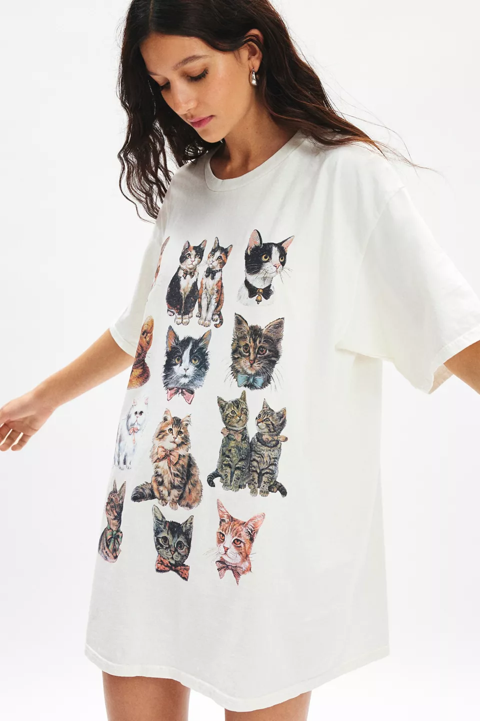 Cat Graphic Oversized T-Shirt Dress-Ivory