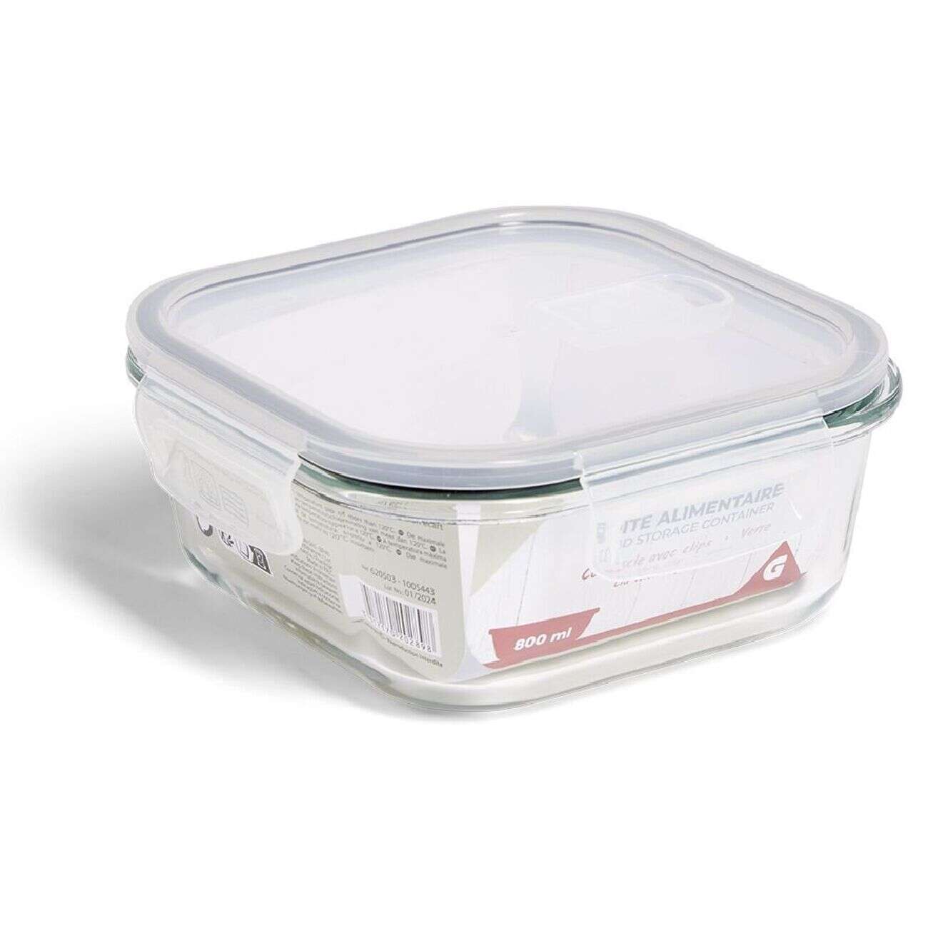 Boîte alimentaire carrée en verre avec couvercle étanche à clips 800ml