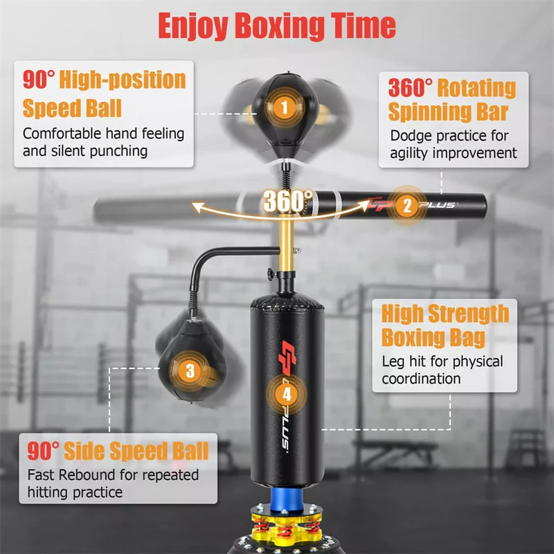 Eletriclife Boxing Speed Trainer Freestanding Punching Bag with 360° Spinning Bar & 2 Reflex Balls for Adults