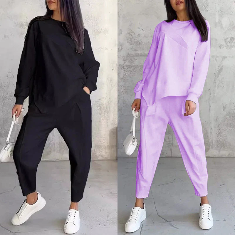 💕Conjunto de sudadera de manga larga con bajo irregular y pantalones para mujer