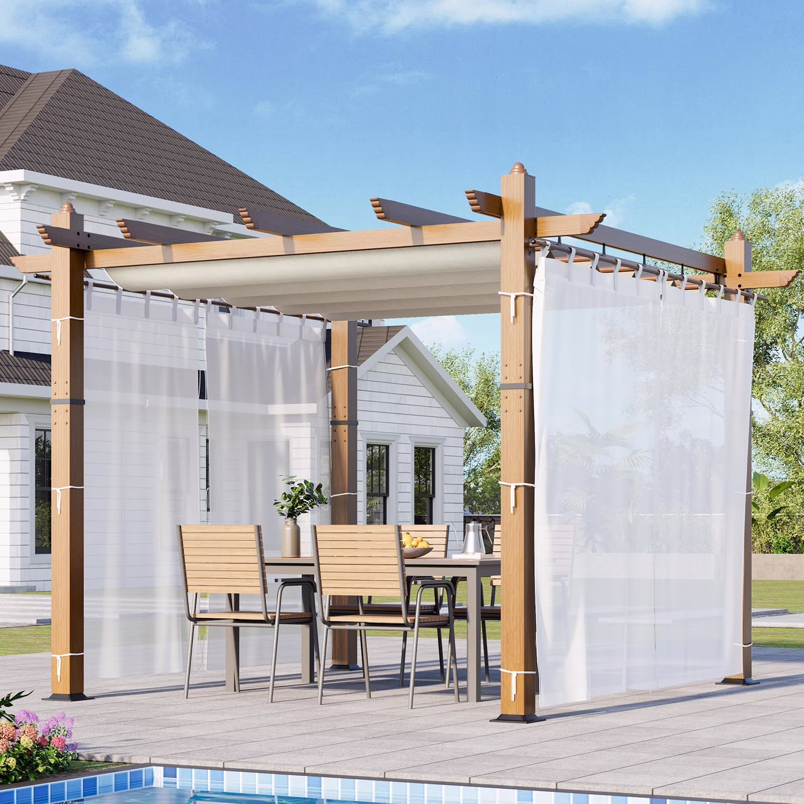 Luku 10 x 13 Ft Wood-Grain Aluminum Pergola Outdoor Pergola with Retractable Canopy Sun Shade Shelter for Garden, Patio, Backyard, Deck