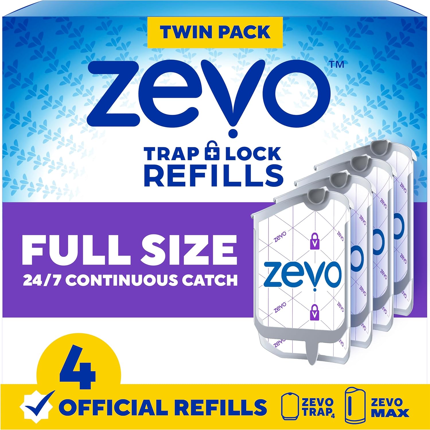 Zevo Flying Insect Trap Refill Cartridges for Fruit Flies & Gnats, 4 Count| Fits Zevo MAX & Zevo Flying Insect Trap, Catches House Flies, Gnats & Fruit Flies 24/7, No Added Fragrance or Dyes