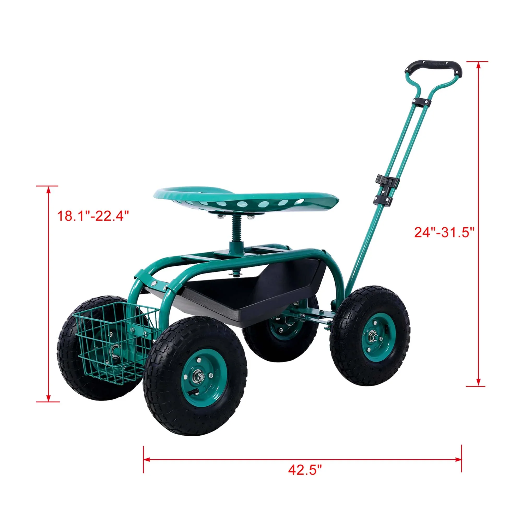 Aukfa Rolling Garden Cart Scooter with Swivel Seat, Wheels, and Tool Tray - Red