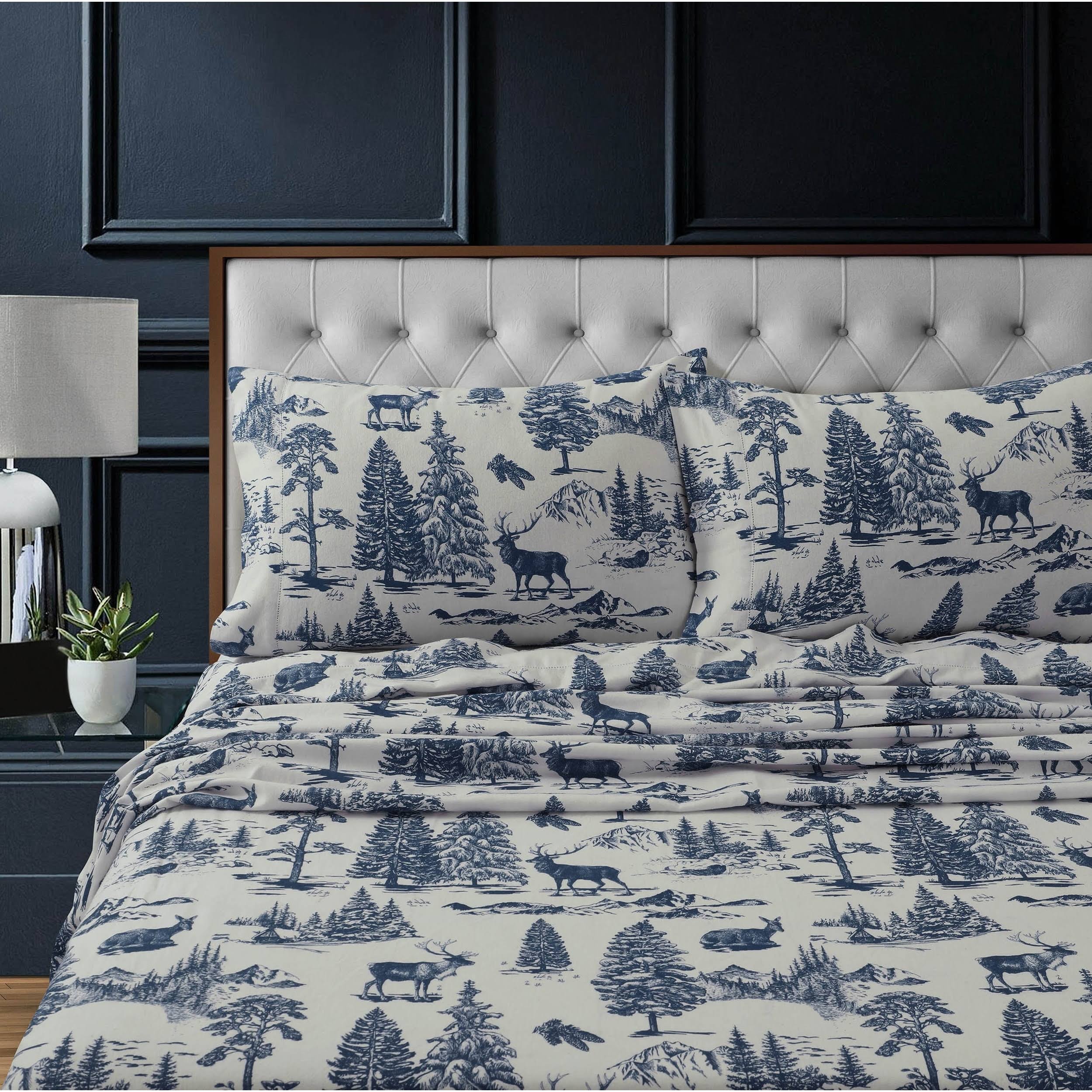 Tribeca Living Heavyweight Cotton Flannel Printed Extra Deep Pocket Sheet Set - Dark Blue - King