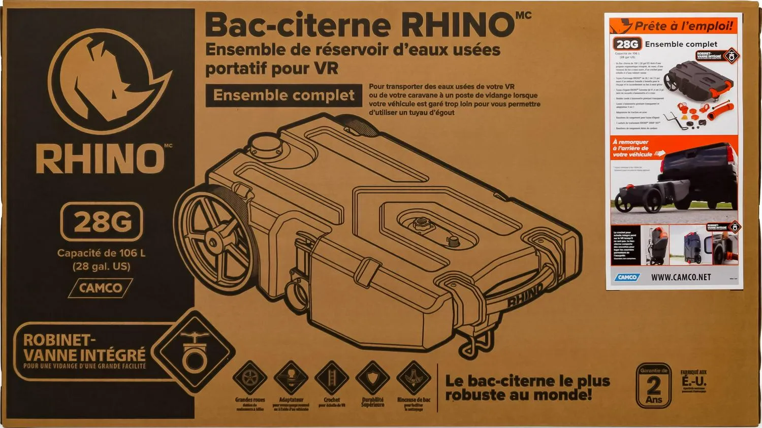 Réservoir de stockage des eaux usées portable et robuste de 28 gallons pour VR avec tuyau et accessoires - Réservoir de transport durable, étanche et inodore pour VR (39004)