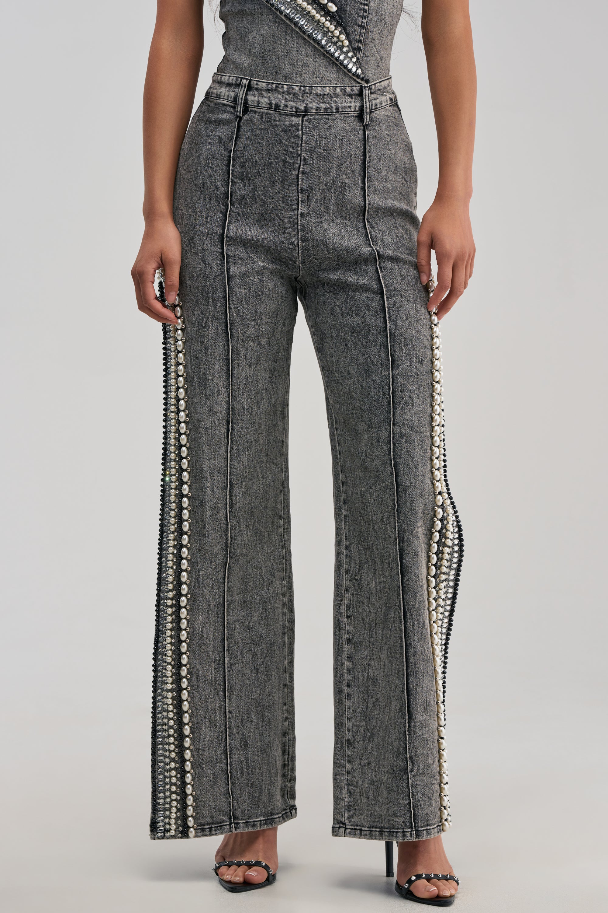 LUXURIOUS DENIM PANTS WITH SIDE SLITS IN GREY - Akira Store