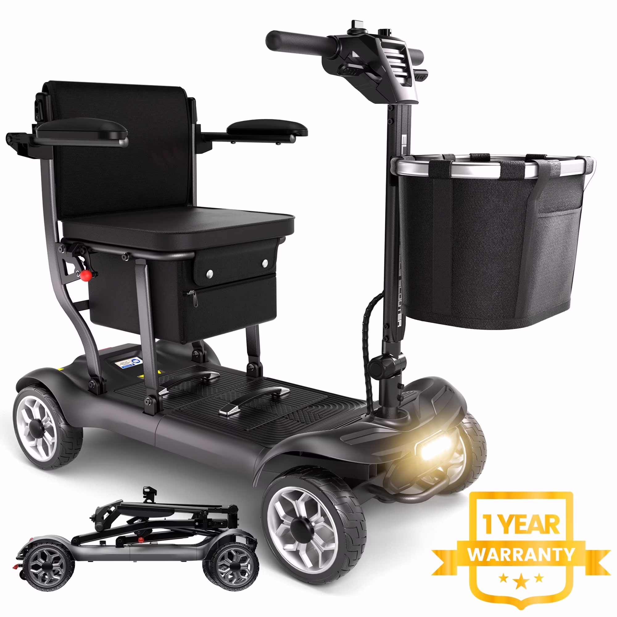 Light Weight 4 Wheels Mobility Scooter for Seniors, Electric Folding Wheelchair Device for Travel, Black(Black with 1 Battery)
