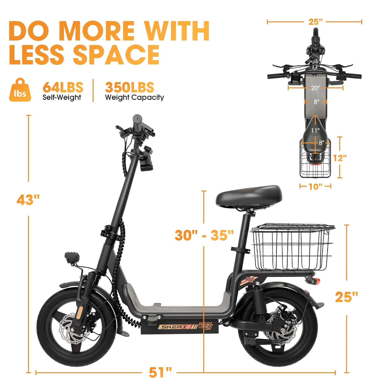 Electric Scooter with Seat for Adult and Basket, 14 Inch Tire Electric Scooter with Dual Shock Absorbers, 350W Motor with 25-Mile Range, Speed Up to 20 MPH (Gen 2.0)(Electric Scooter Bike with Basket-Black) - Image 4