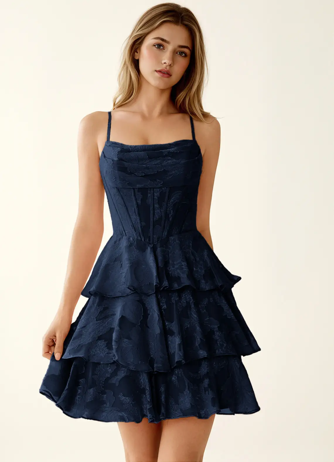 Rietta Navy Jacquard Ruffles Corset Mini Dress