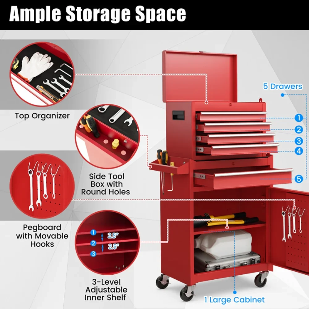 Canddidliike 2-in-1 Tool Chest and Cabinet with 5 Sliding Drawers-Red, Heavy Duty Utility Industrial Service Cart