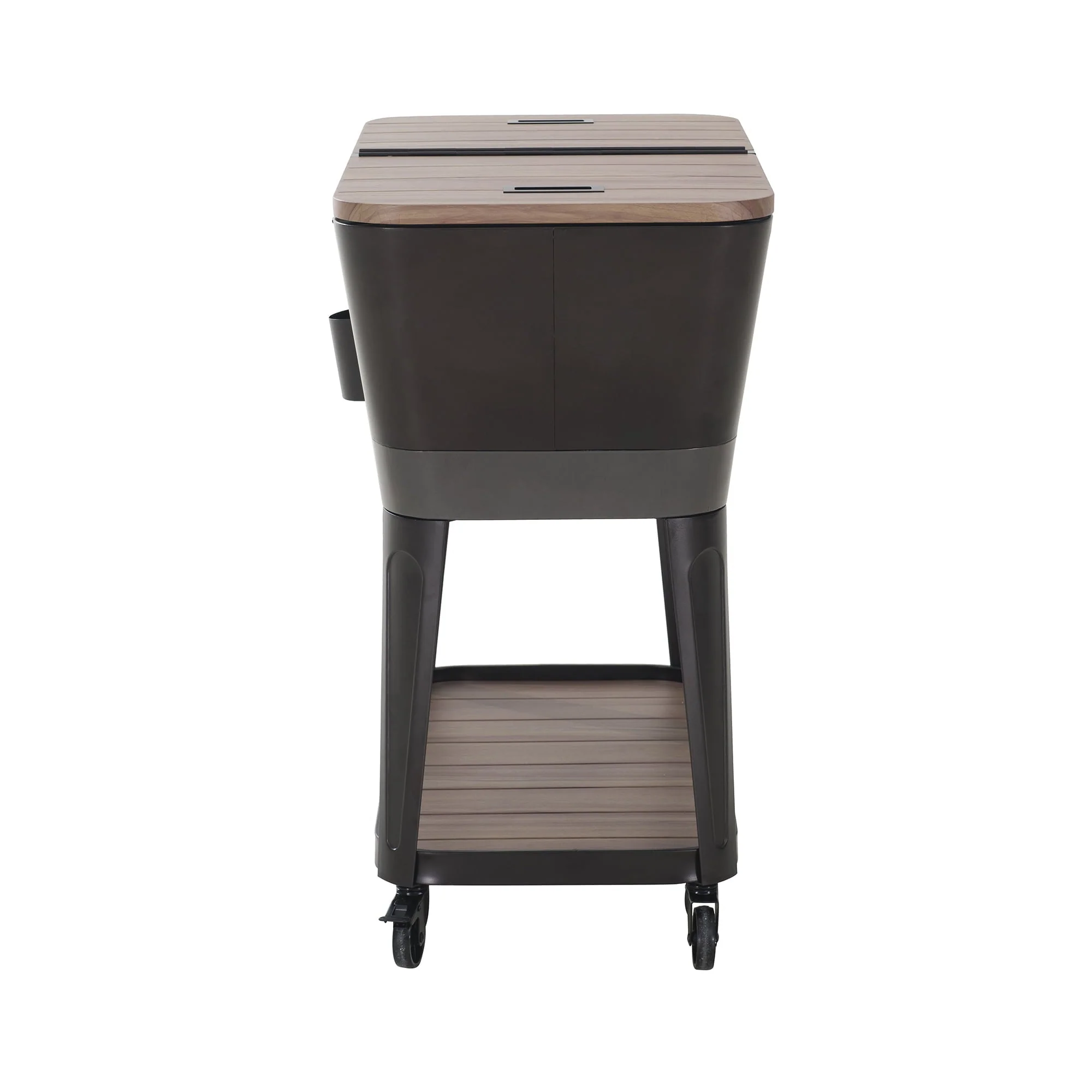 Sunjoy 80 Quart Wood Grain Finish Metal Rolling Ice Chest Cooler Cart with Storage Shelf, Steel Bottle Opener, and Lockable Wheels, Bronze(Bronze) Image 5