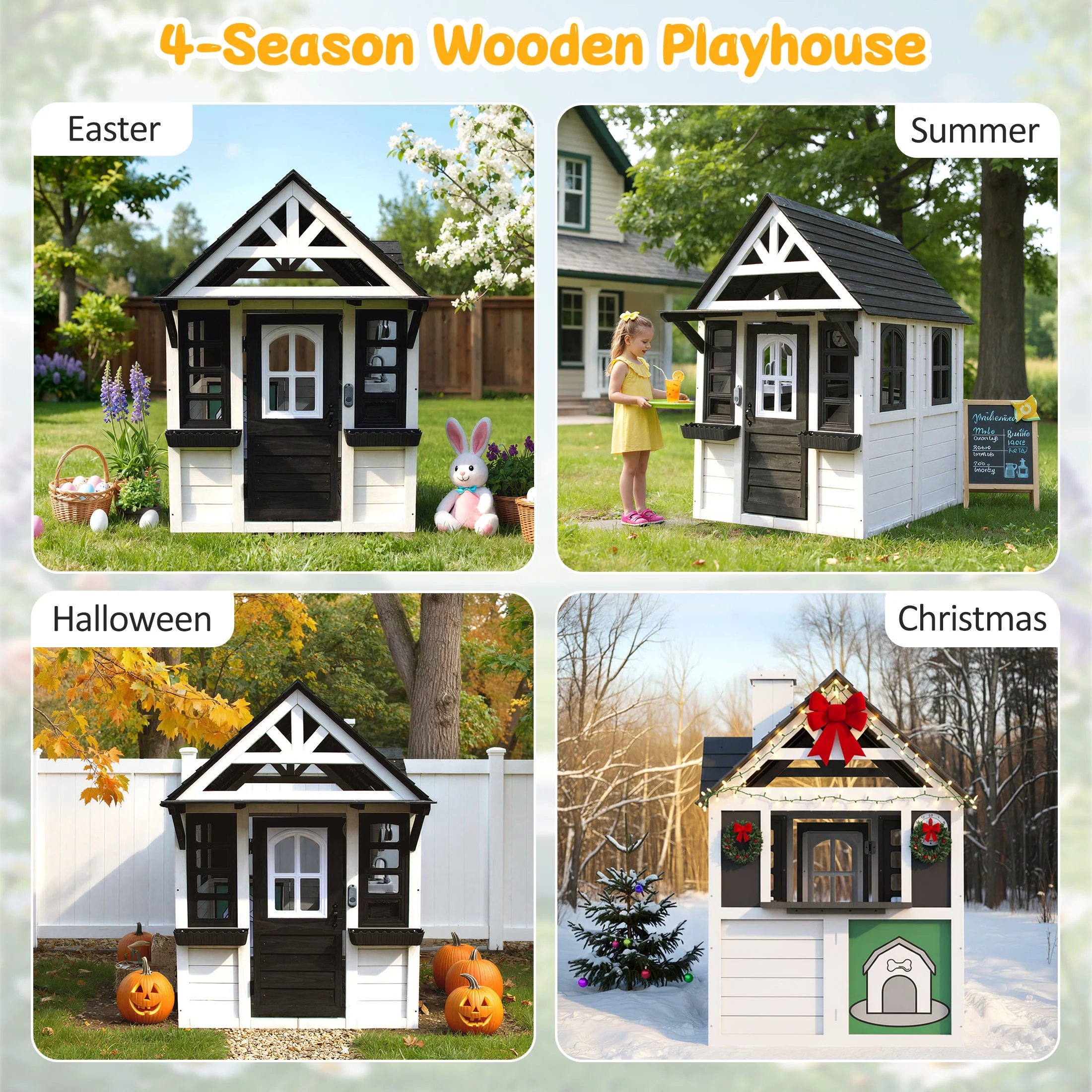 Outdoor Playhouse for Kids Ages 4-8, Wooden Play House with Doorbell, Phone, Kitchen Toys, Outdoor Kids Play Equipment, Casa Para Niñas (45”L x 65”H), White Black(Black+White) - Image 10