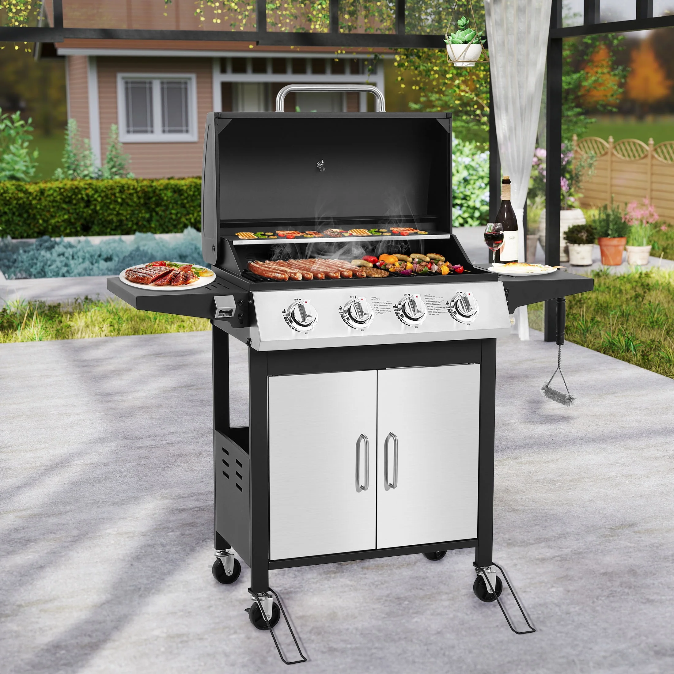 4 Burner BBQ Propane Gas Grill, Stainless Steel 40,000 BTU Patio Garden Barbecue Grill with Folding Side Tables, Cleaning Brush Thermometer, Perfect for Camping, Outdoor Cooking(4-Burner) - Image 2