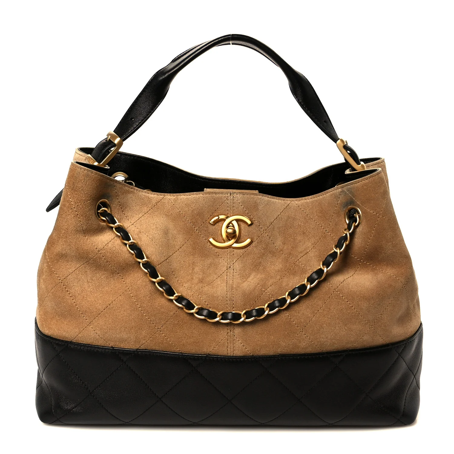 Suede Calfskin Shiny Lambskin Quilted Small Coco Base Shopping Bag Beige Black