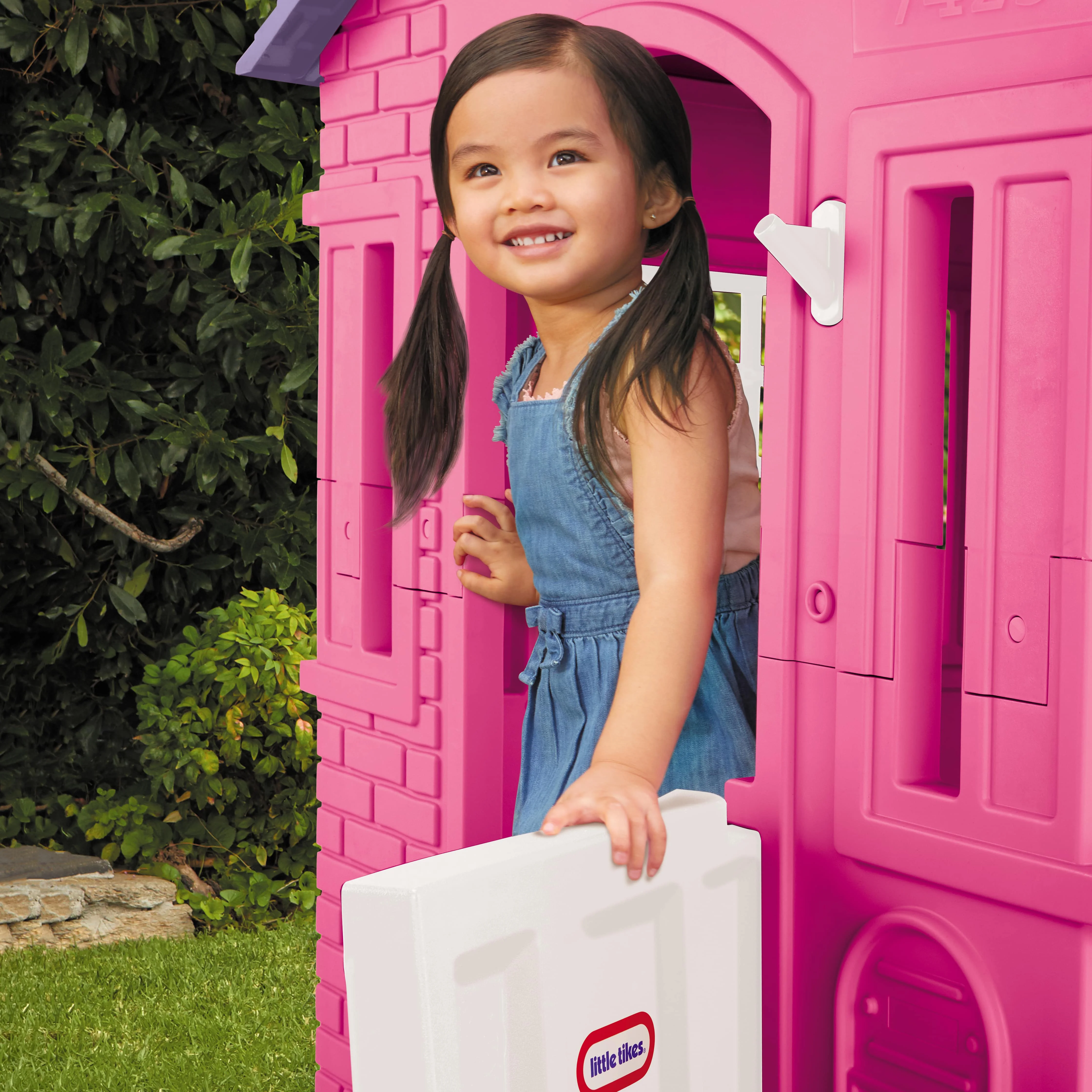 Cape Cottage House, Pink Pretend Playhouse with Working Doors, Window Shutters, and Flag Holder, for Kids 2-8 Years Old - Image 3