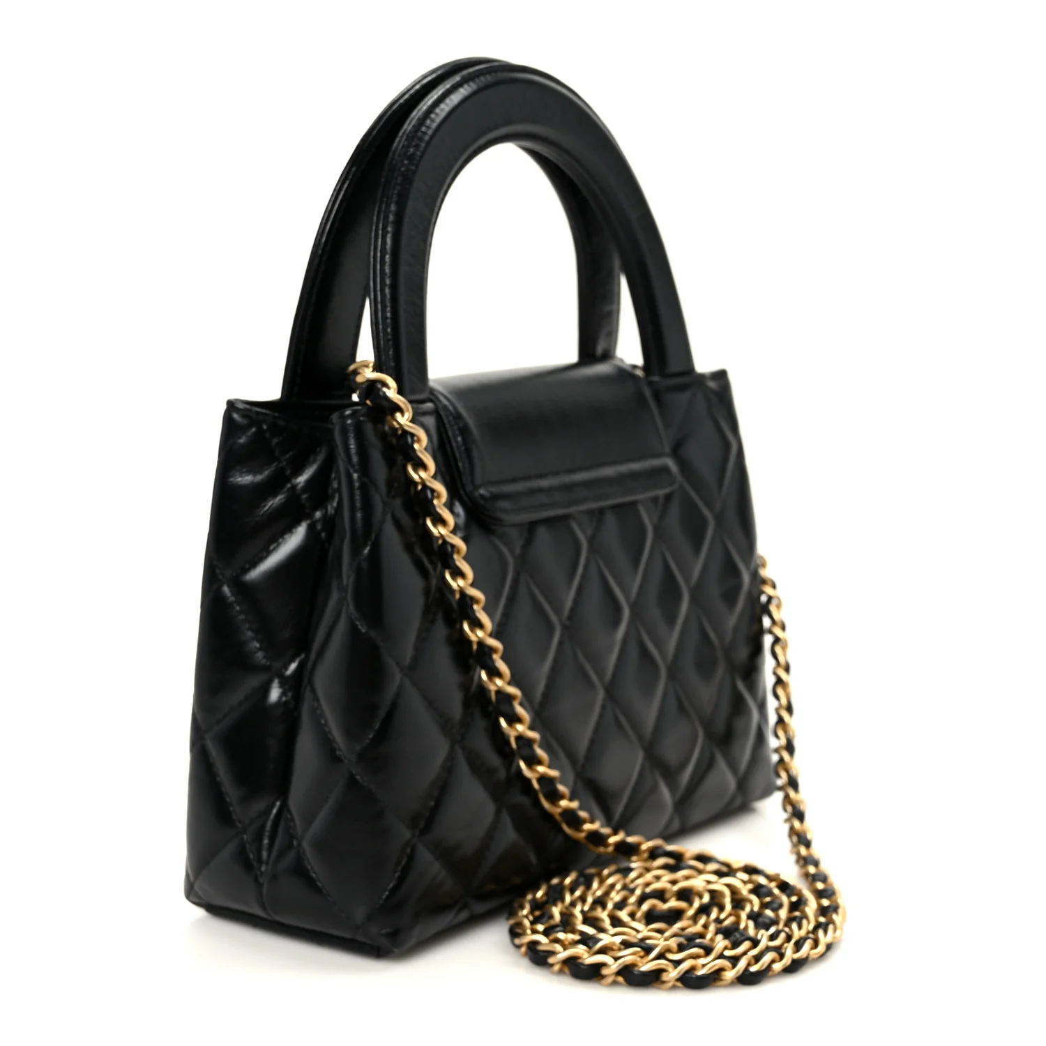 Shiny Aged Calfskin Quilted Nano Kelly Shopper Black