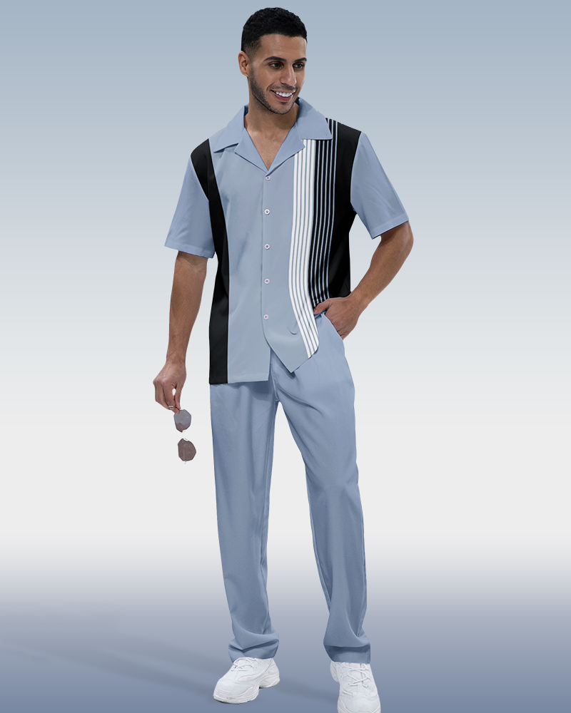 Costume deux pièces pour homme Suitmens à manches courtes et rayures verticales 002