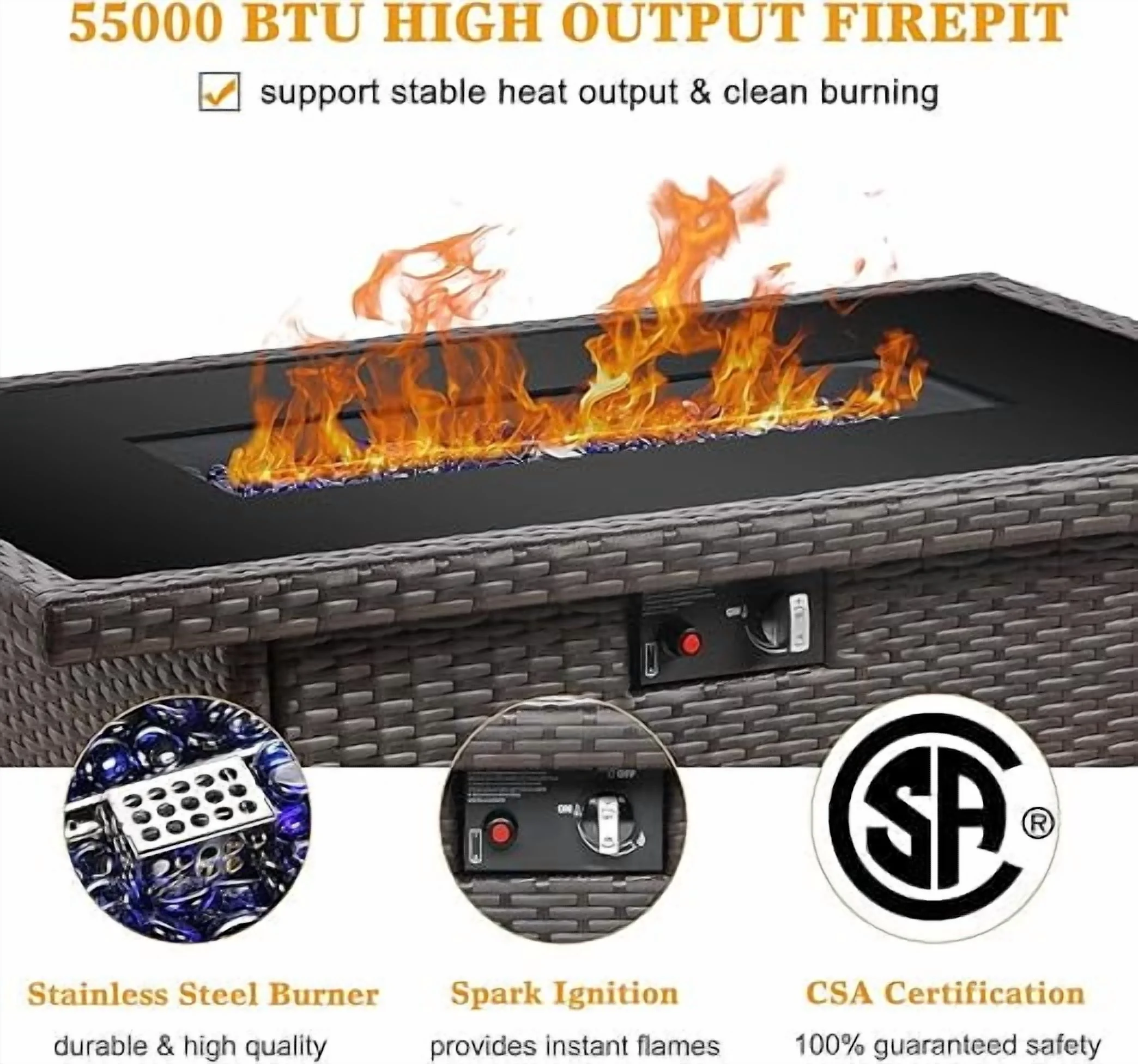 44" Propane Gas Fire Pit Table, 55000 BTU Rectangular Fire Pit with Glass Wind Guard for Outside Patio Deck Garden Backyard(Brown-Glass Top) - Image 2
