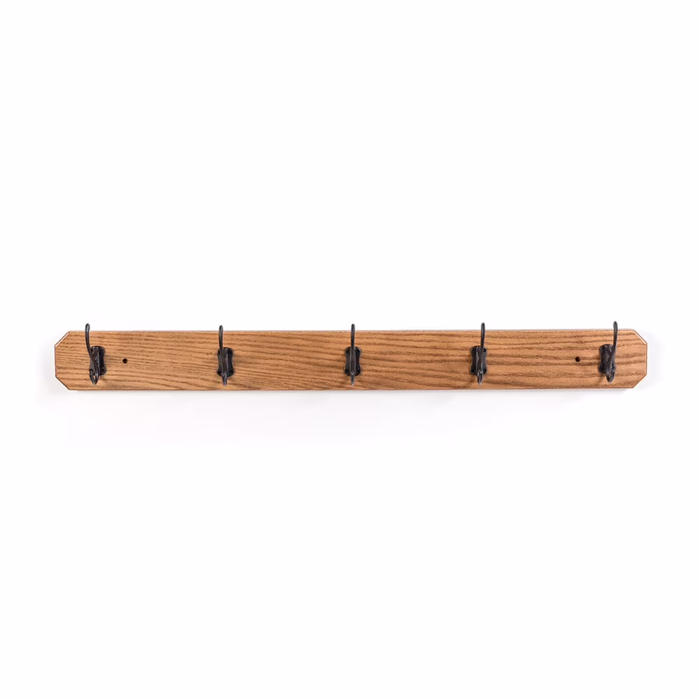 Amish Handmade Oak Wall Mount Board Space Saving Coat Rack 5 Metal Hook