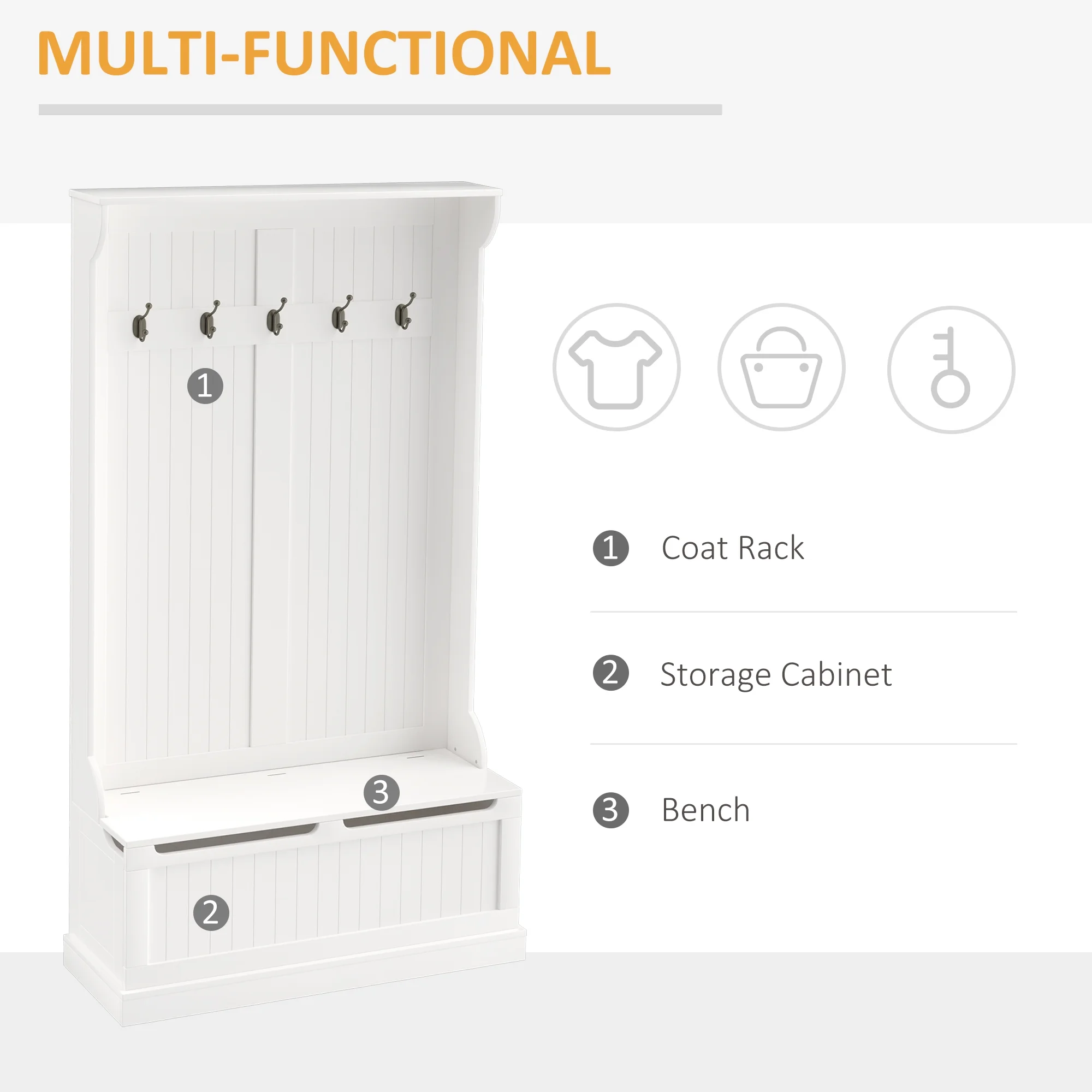 HOMCOM 3-In-1 Hall Tree Storage Bench and Coat Rack Cream White