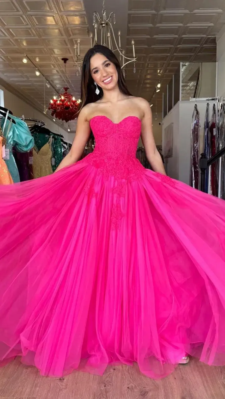 Chic A-line Tulle Sweetheart Long Prom Dress Fuchsia Elegant Evening Dress DMP303