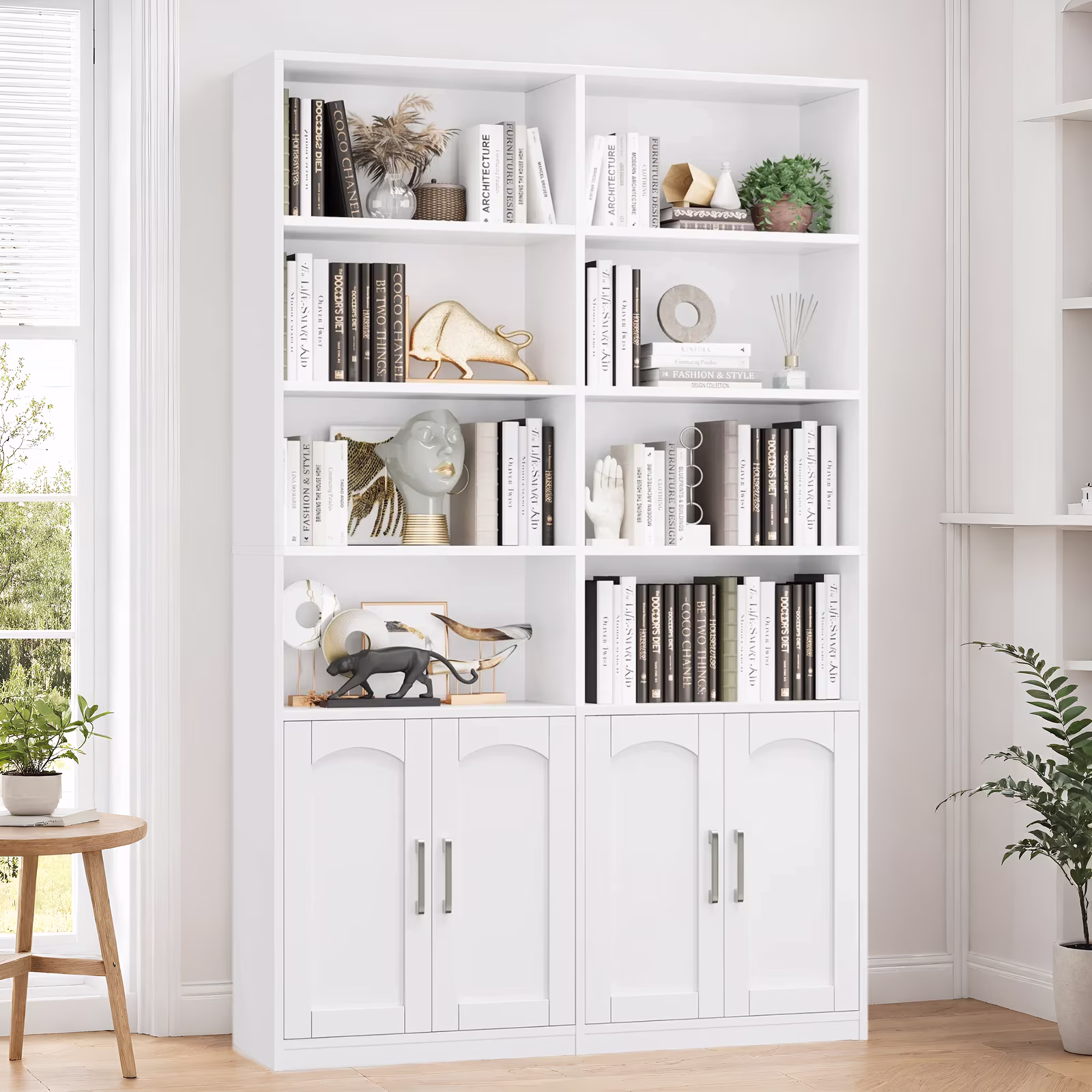 73�� Tall Bookcases with Doors, 8 Cubes 6-Tier Double Row Bookshelf, White Bookcase for Living Room Home Office(White)