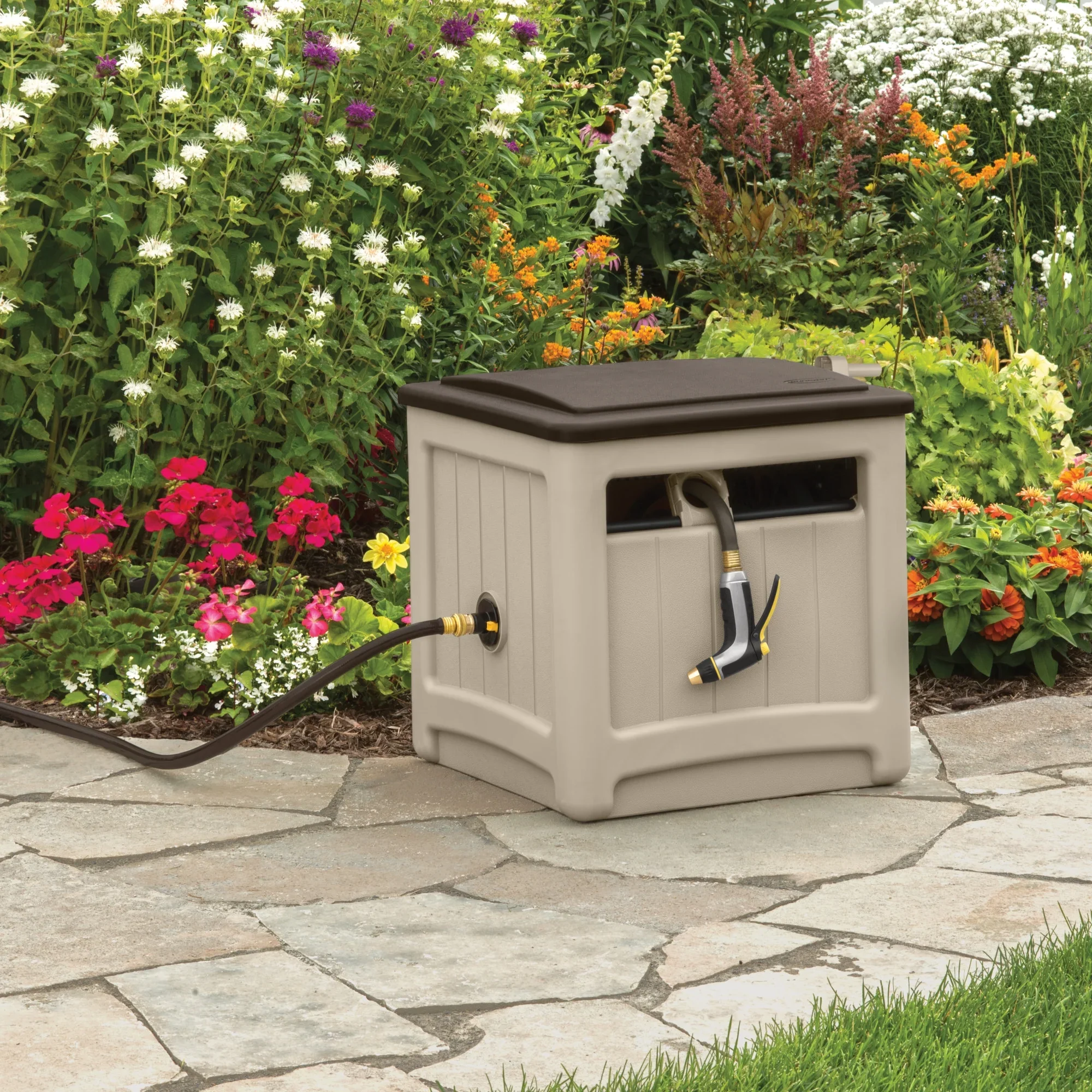 Suncast 225 ft. Smart Tube Wheeled Hideaway Garden Hose Cabinet, Beige