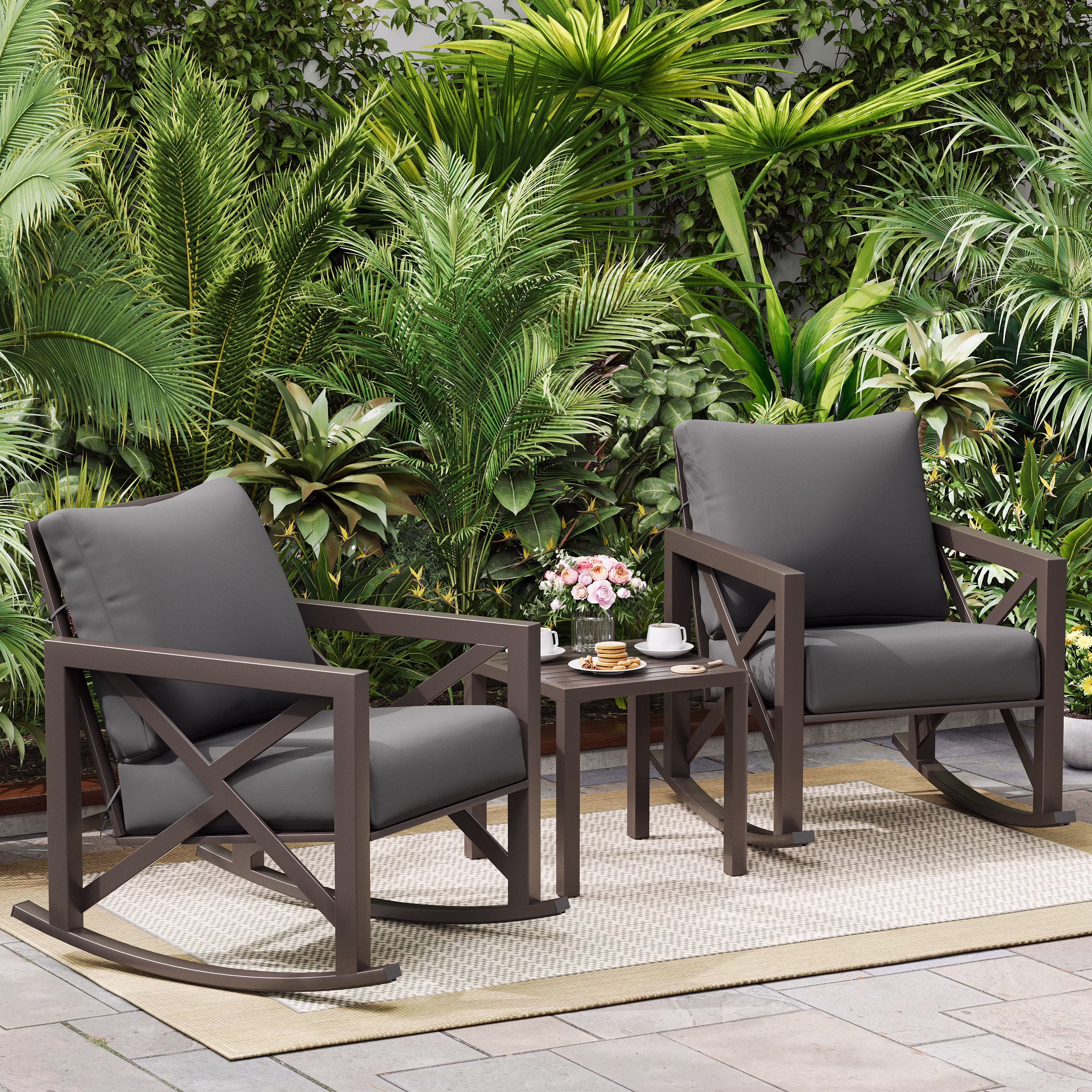 Rocking Chair Bistro Set,3 Piece Outdoor Patio Furniture Set with 2 Rockers and 1 Metal Coffee Table with Thick Cushions for Porch,Backyard,Poolside,Beige(Beige) - Image 7