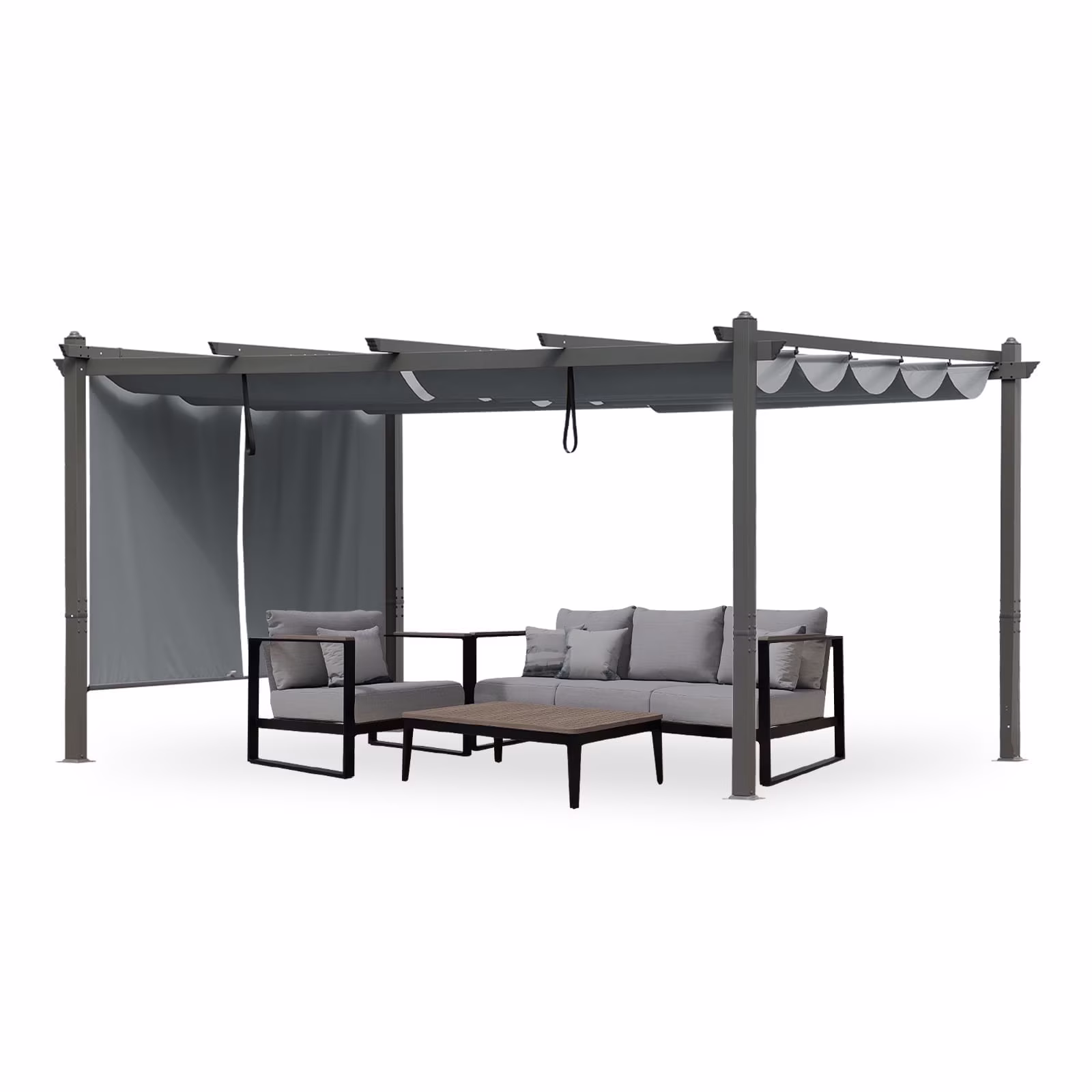 Aoodor 14 x 12 Ft. Outdoor Pergola with Retractable Canopy and Sunshade Roller Curtains, Aluminum Frame Grape Trellis Pergola for Patio Backyard and Deck - Gray