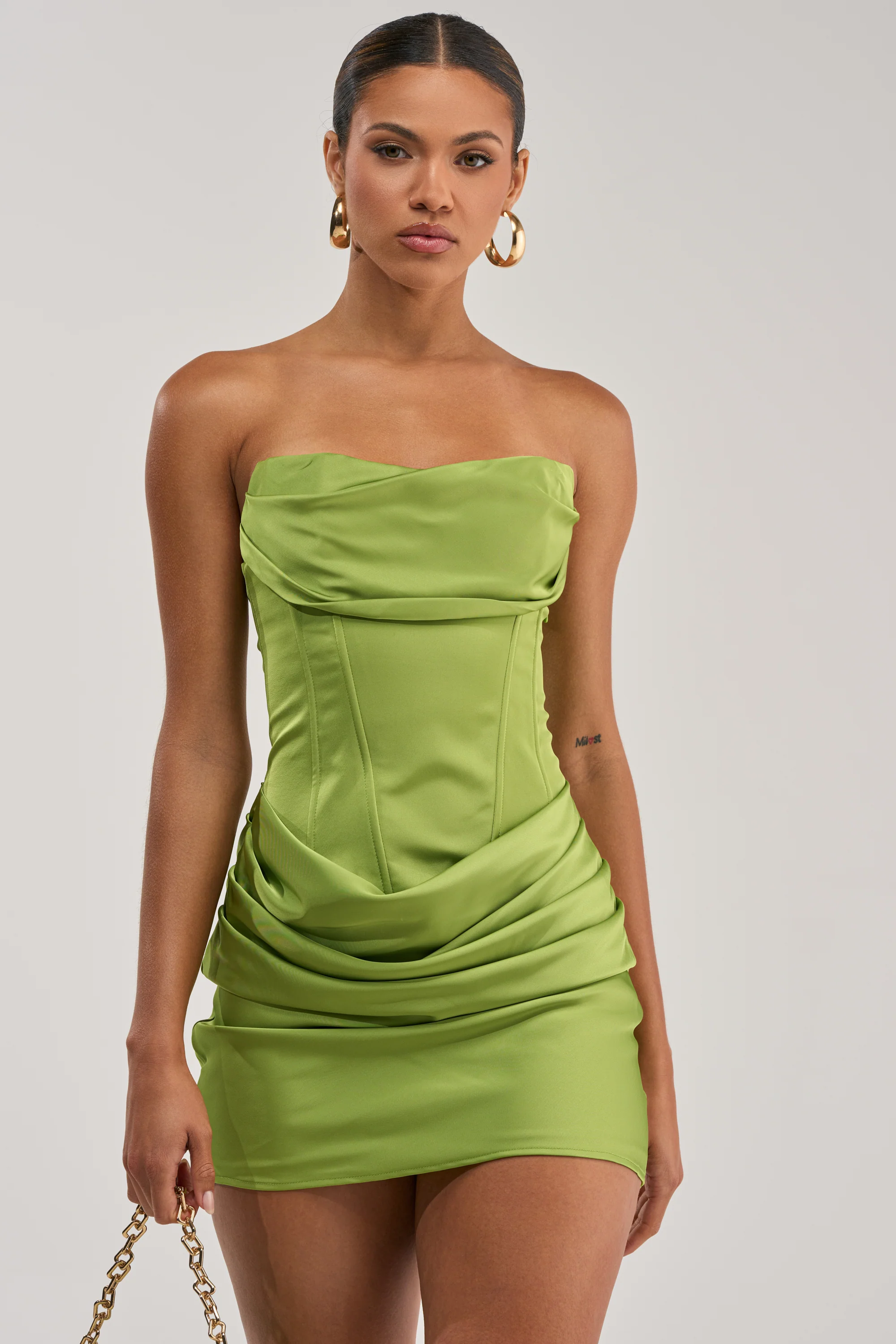 NO COMPETITION STRAPLESS SATIN MINI DRESS IN CHARTREUSE - Akira Store