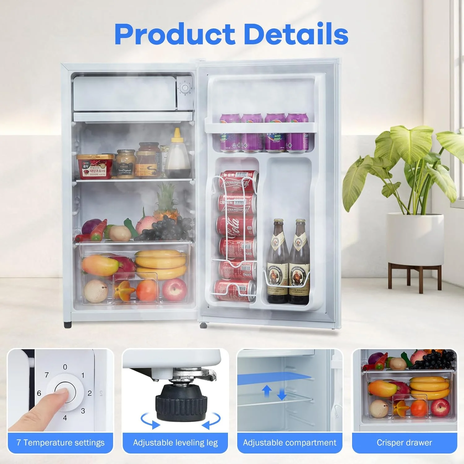 Mini Fridge With Freezer, 3.2 Cu.Ft Mini Refrigerator, Dorm Fridge With Single Door, Compact Refrigerator For Bedroom/Apartment/Office-Food Storage Cooling Drink, White(White) - Image 4