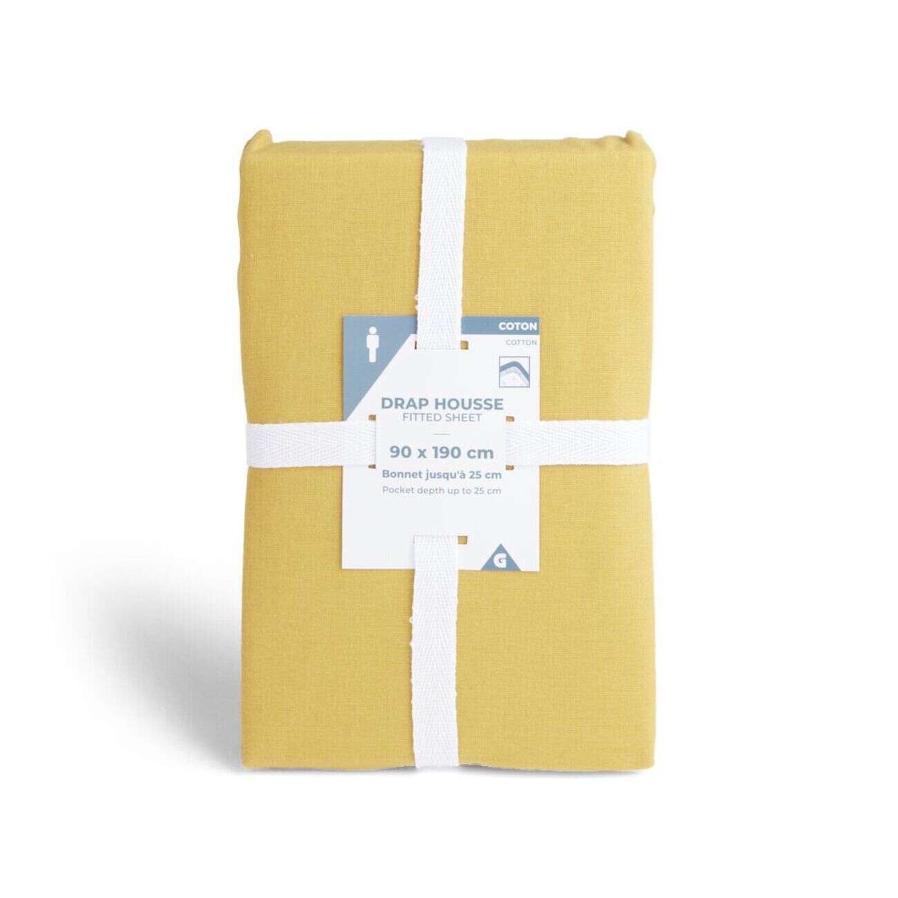 Drap housse 90x190cm 100% coton jaune moutarde