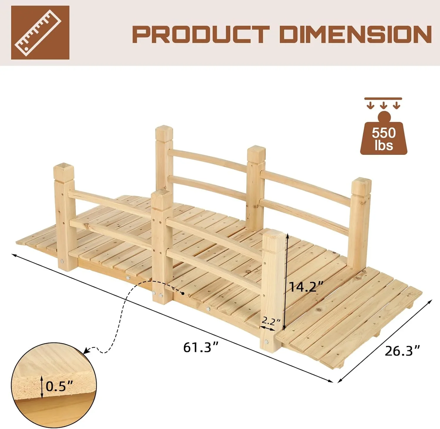 Fir Wood Garden Bridge �C Outdoor Arc Footbridge with Double Railings