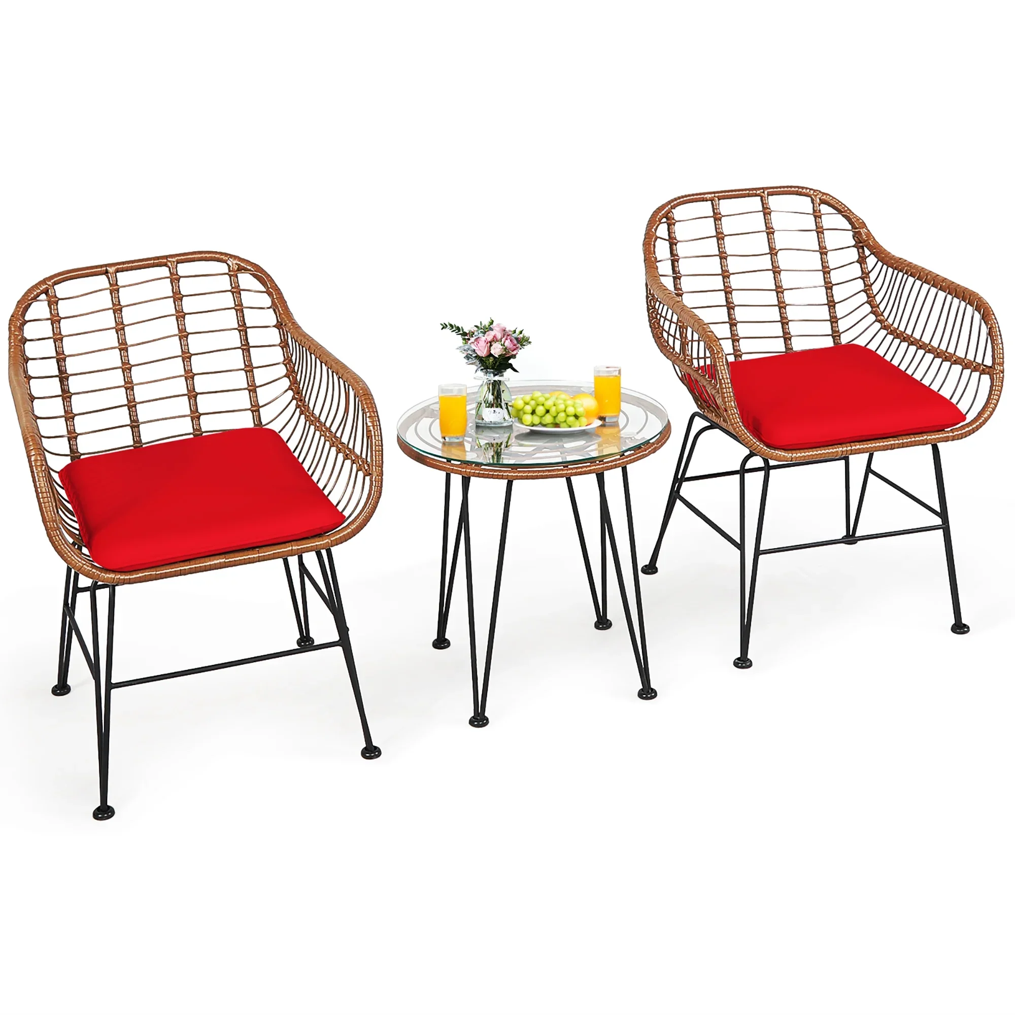 Costway 3PCS Patio Rattan Bistro Set Coffee Table Armchair Garden Red Cushion