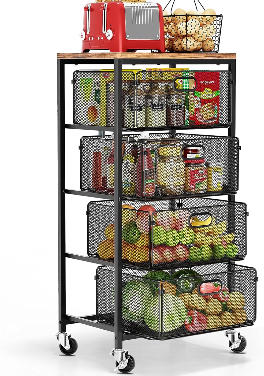 Goovilla Kitchen Cart with Drawers, Lockable Wheels with Wooden Top, Black