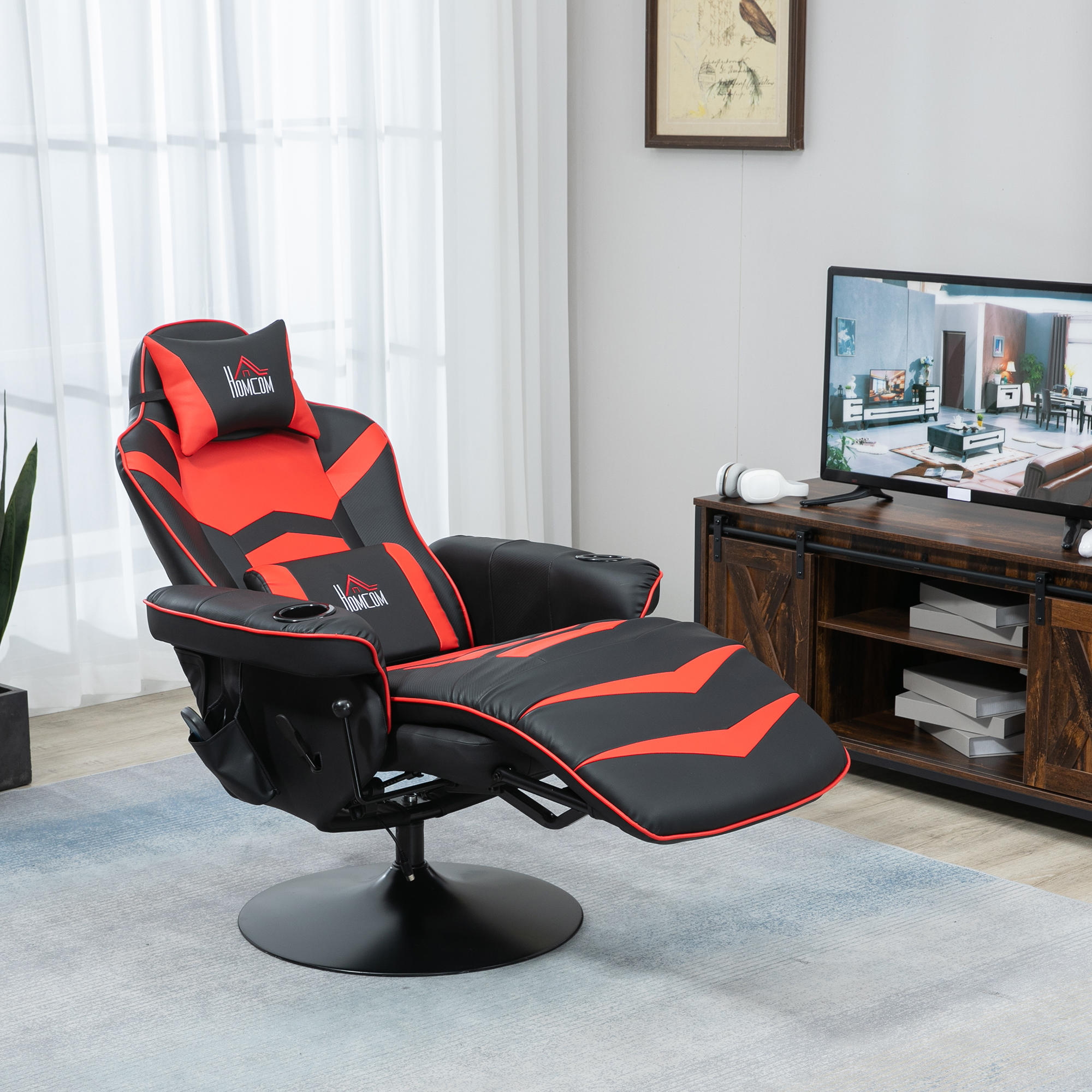 HOMCOM Gaming-stoel met massagefunctie, inclusief voetensteun, ligfunctie, rood + zwart.