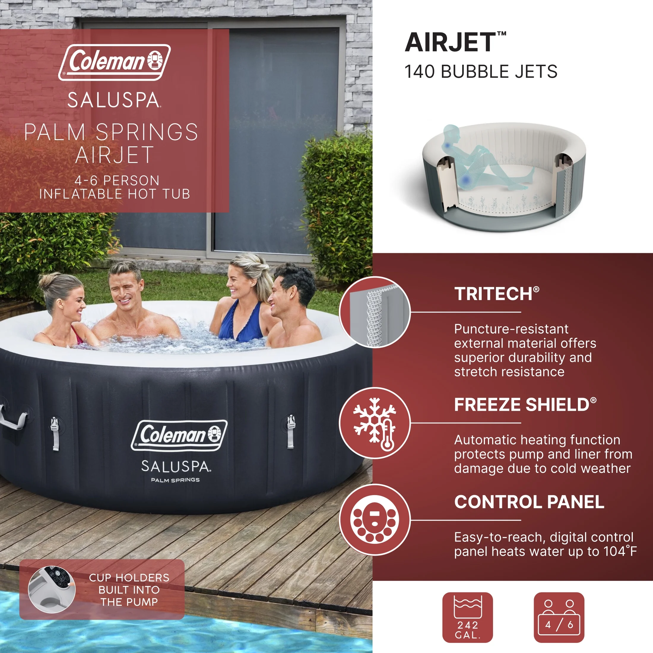 Coleman Saluspa Palm Springs Airjet Inflatable Circle Hot Tub Spa 4 - 6 Person with Pump #p08411