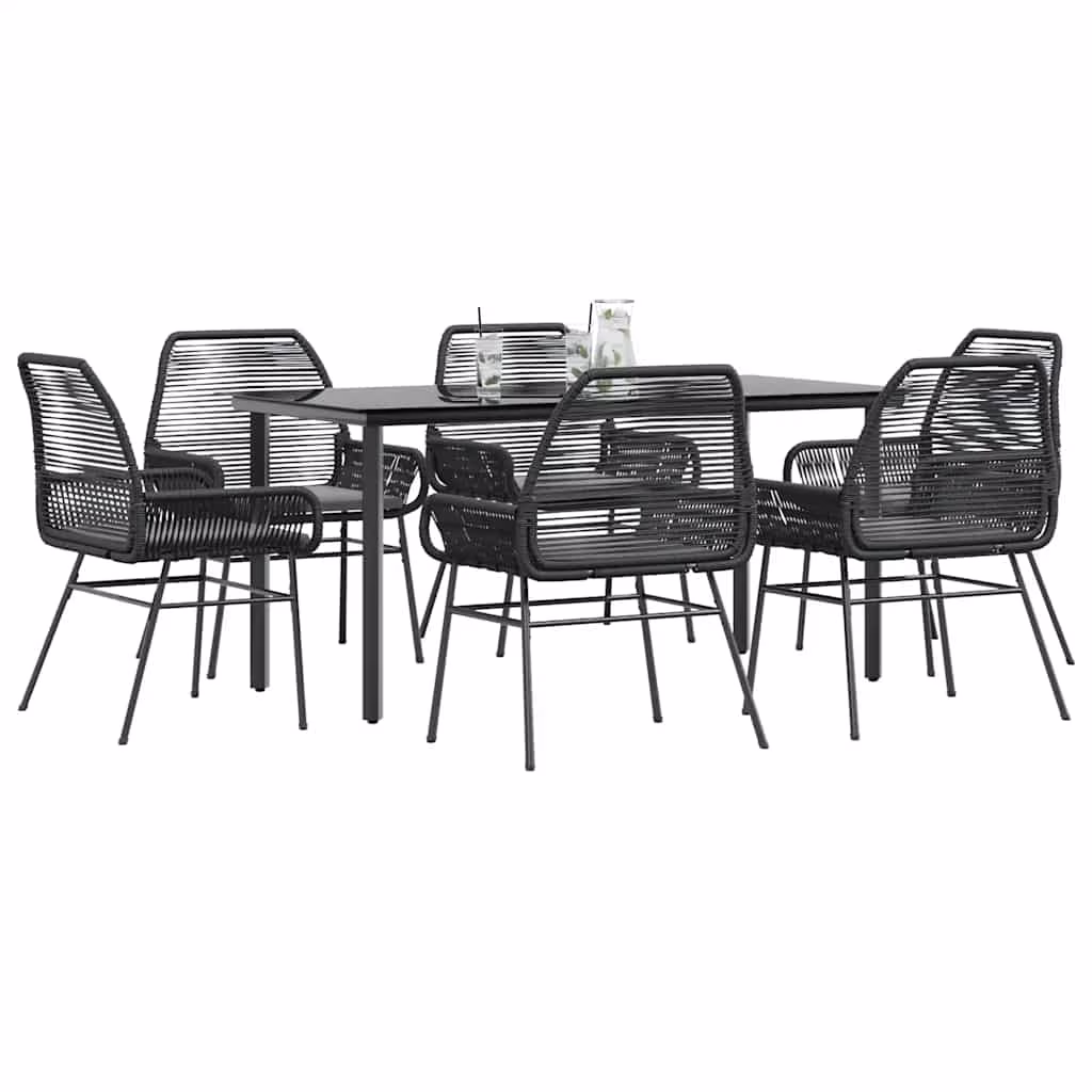 Vidaxl 7 Piece Patio Dining Set with Cushions Black Poly Rattan Glass