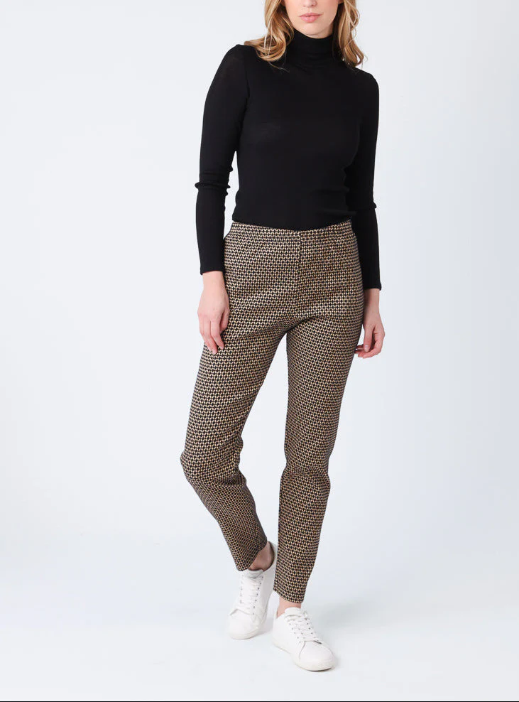 Pantalon femme stretch imprimé noir camel