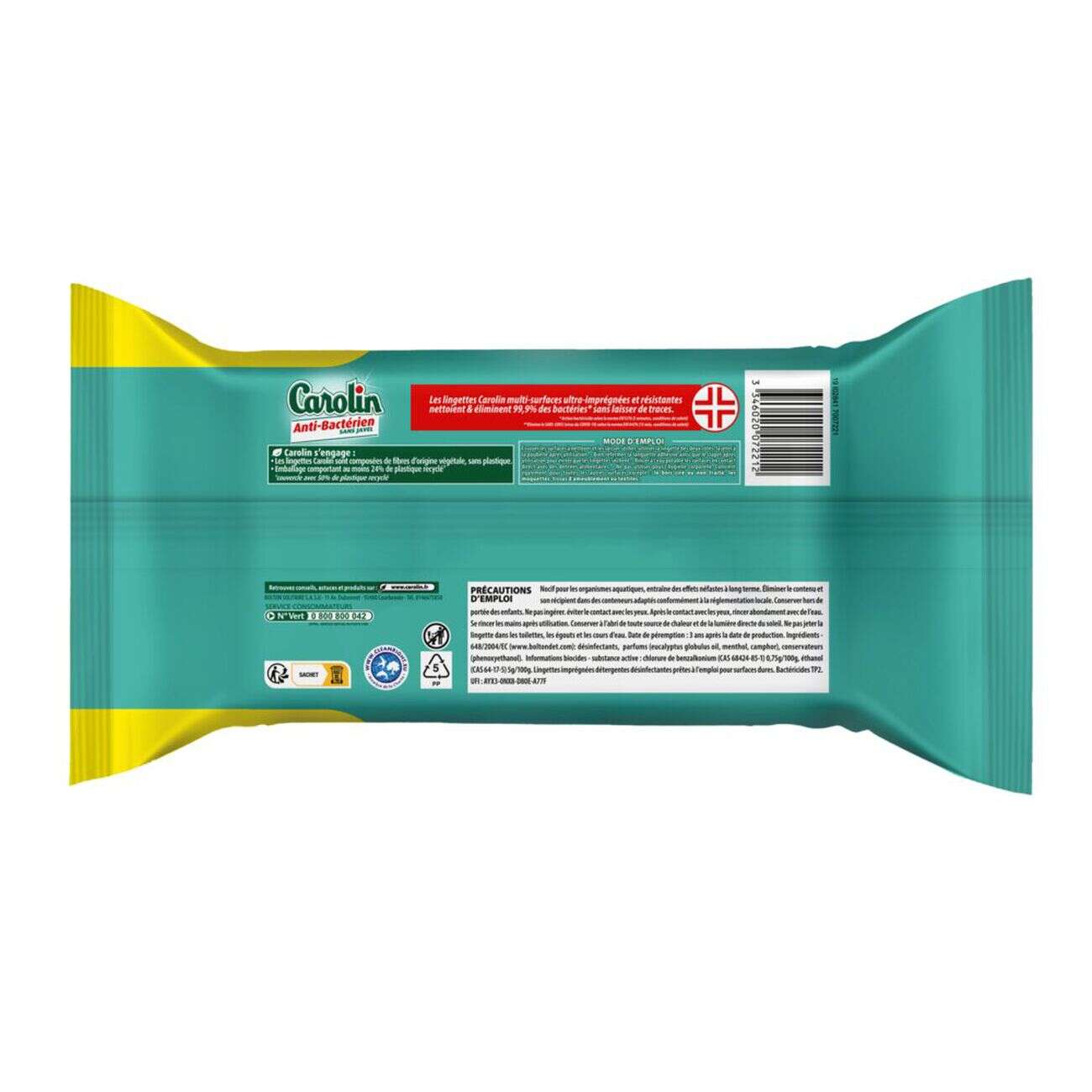 Lingettes multisurface x200 Carolin anti-bactérien sans javel maxi format
