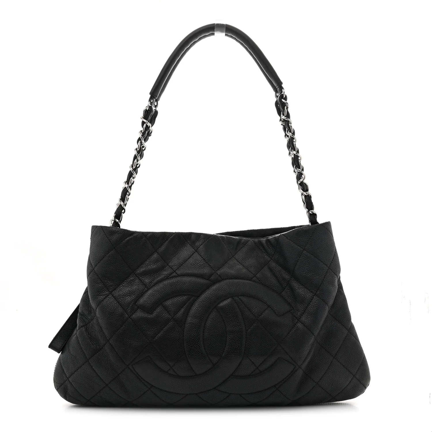 Caviar Quilted Expandable Zip Shoulder Bag Black