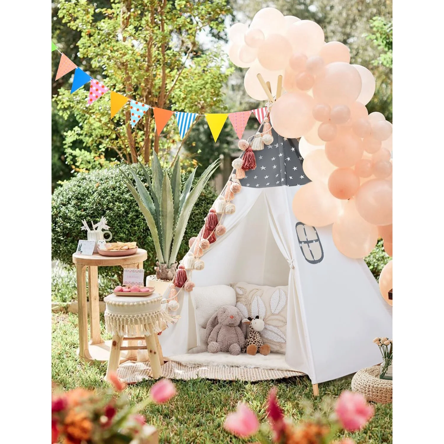 Teepee Tent for Kids Slumber Party 100% Cotton Foldable Kids Tent Indoor with Light Flag Play House Outdoor Toddler Tipi Playroom for Girls Gift Toys Tee Pee Tents(Stars Design) Grey Teepee - Image 3
